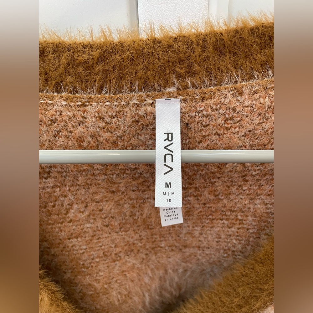 RVCA rare plaid v-neck cardigan women’s medium sweater brown tan cream unisex - Picture 2 of 10